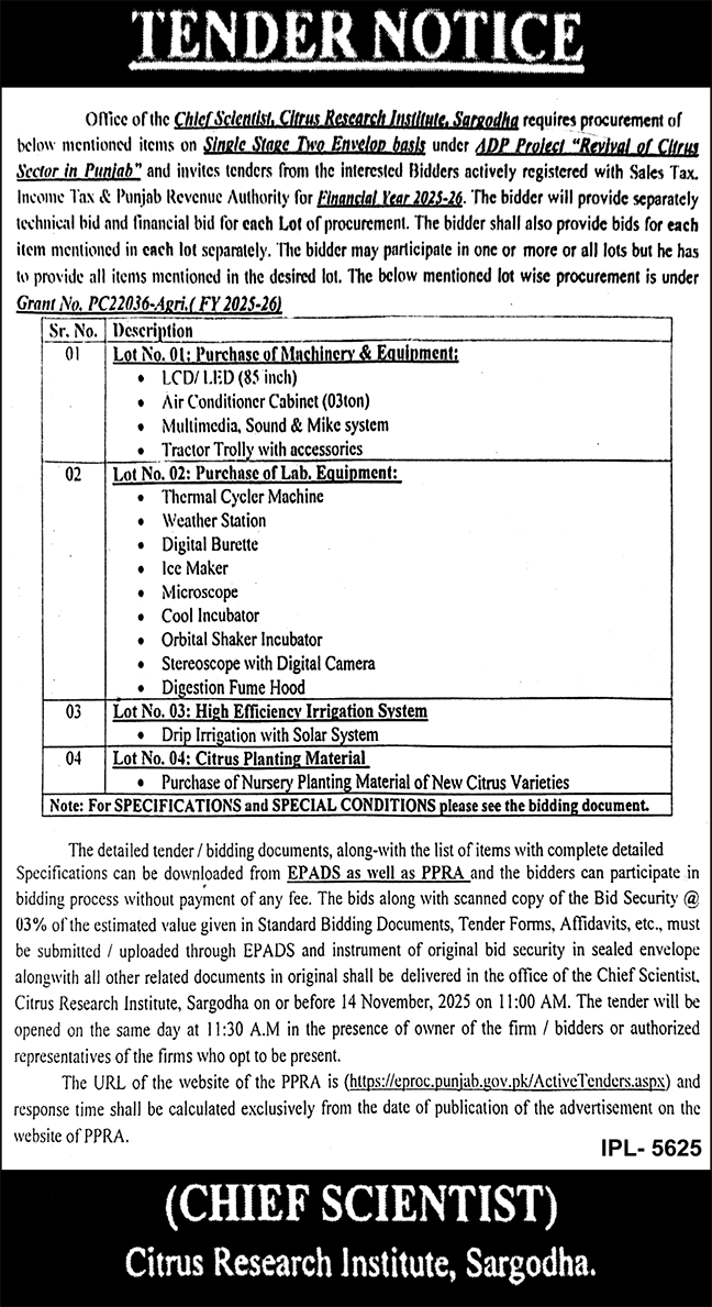 Citrus Research Institute Sargodha Tender Notice